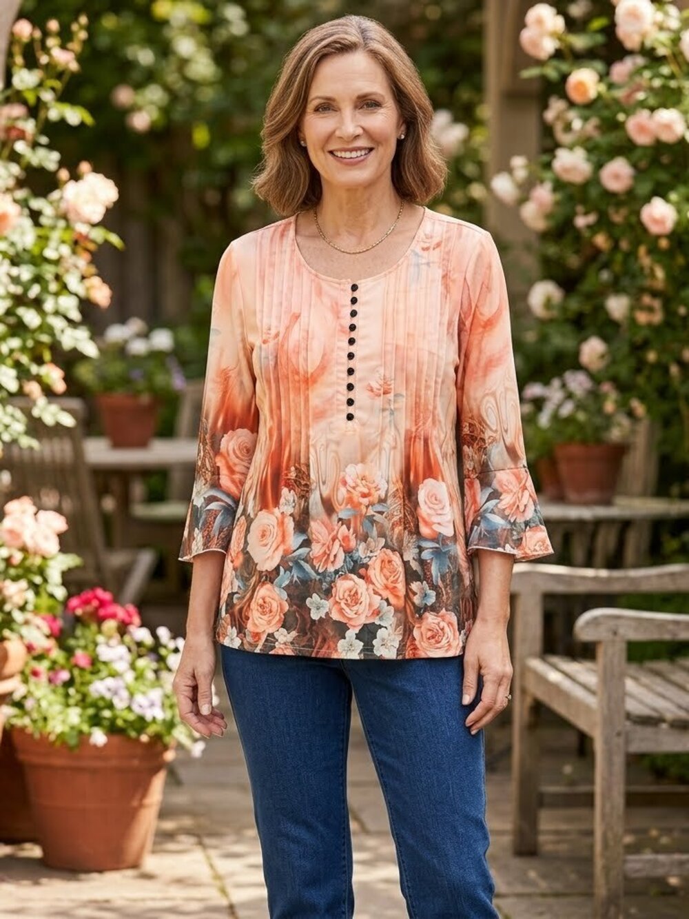 Boho Vintage Peach Floral Pintuck Tunic Blouse L